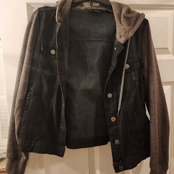 Hooded black and gray denim jacket - Picture 1 of 3